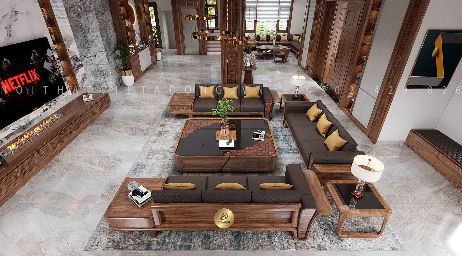 Sofa phòng khách bằng gỗ óc chó 